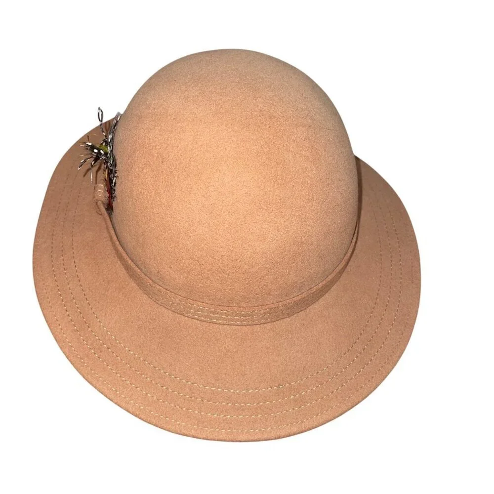 Adolfo II Vintage Womens Hat 21 Inch Tan Cloche Feathers Inside Circumference